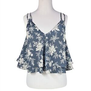 URBAN OUTFITTERS Flowy Strappy Floral Tank Blouse in Blue Stripe Motif Size S